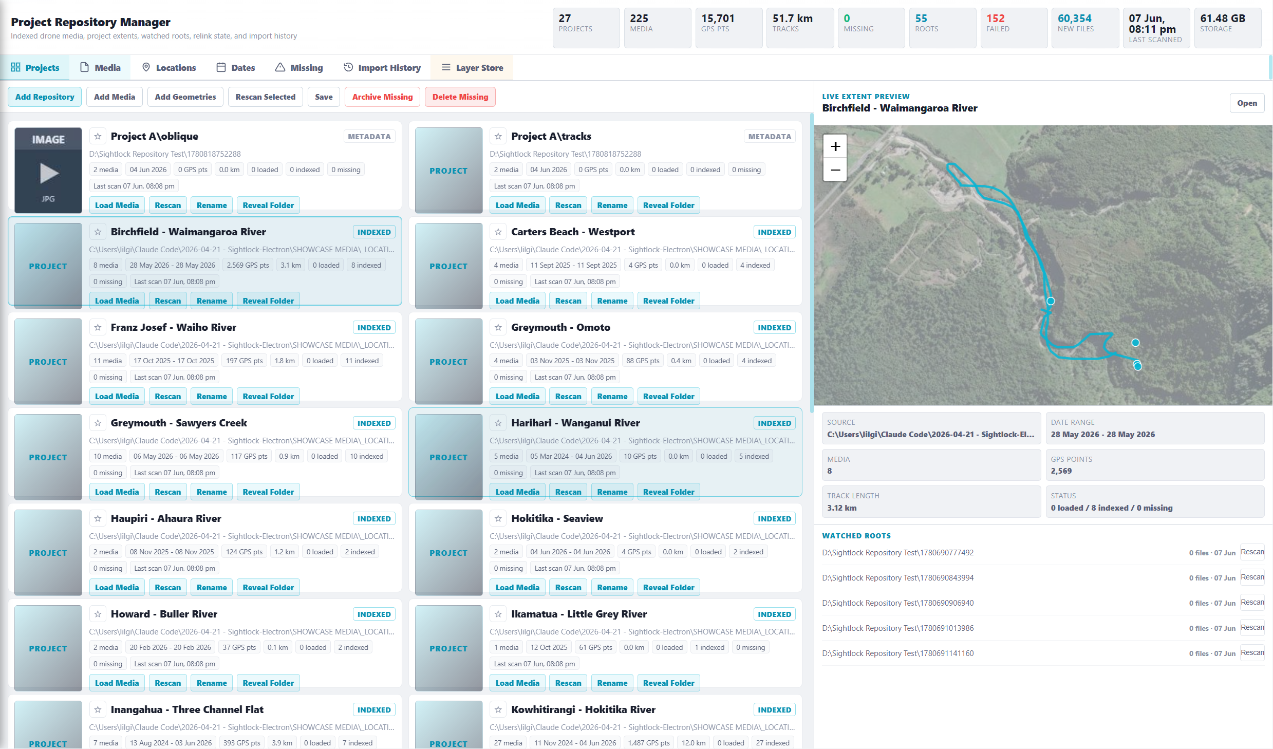 Sightlock Repository Manager with project cards and map preview